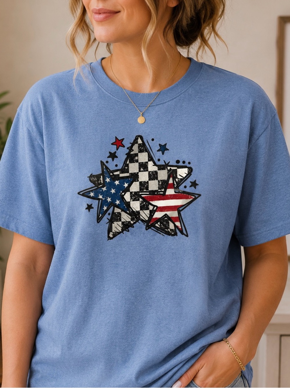 Blue Graphic Star Tee with Flag and Checker -Gildan SoftStyle Tee